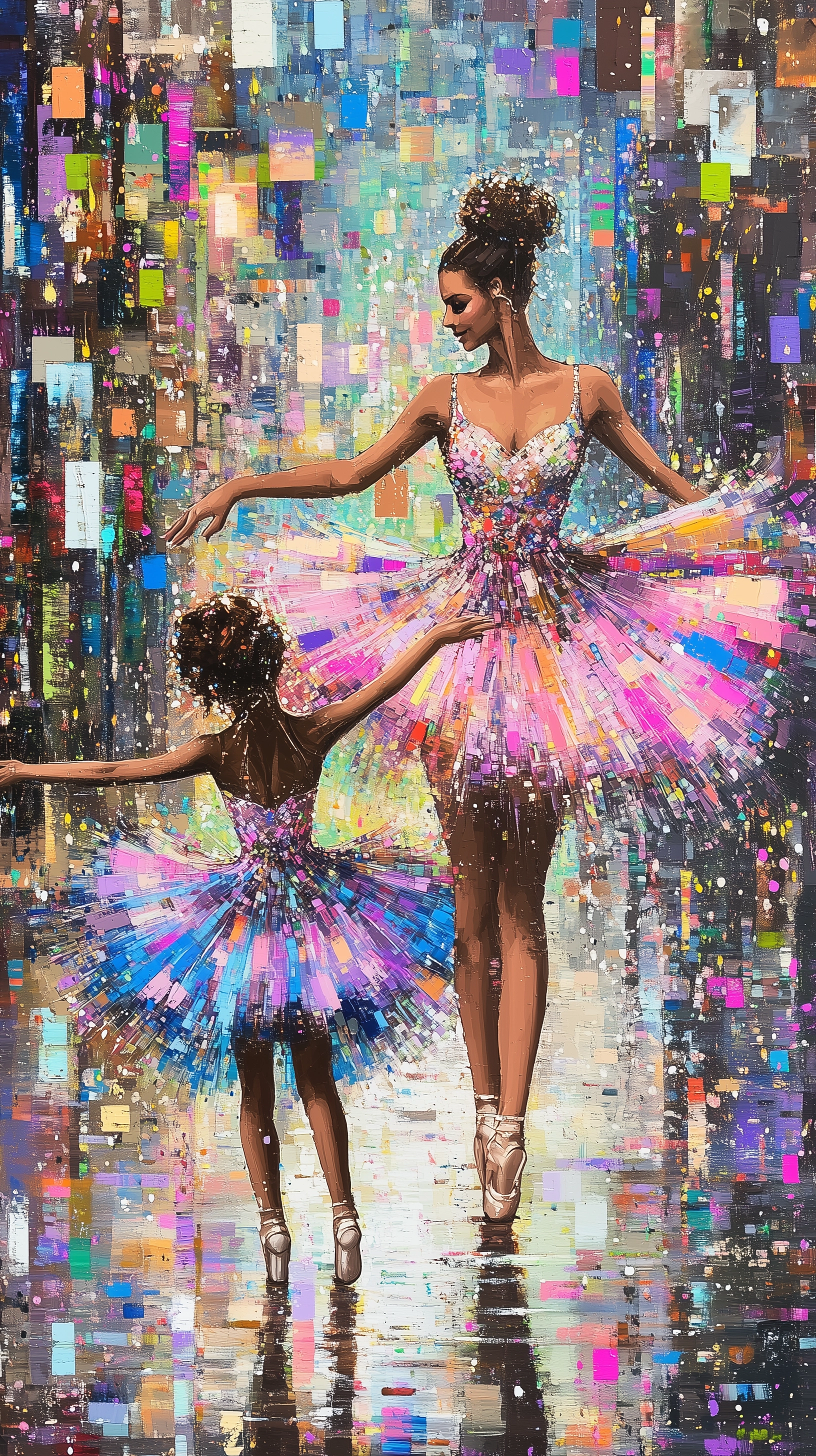 Oil painting of a Black woman and her daughter in tutus dancing in the rain on a colorful pixelated street.