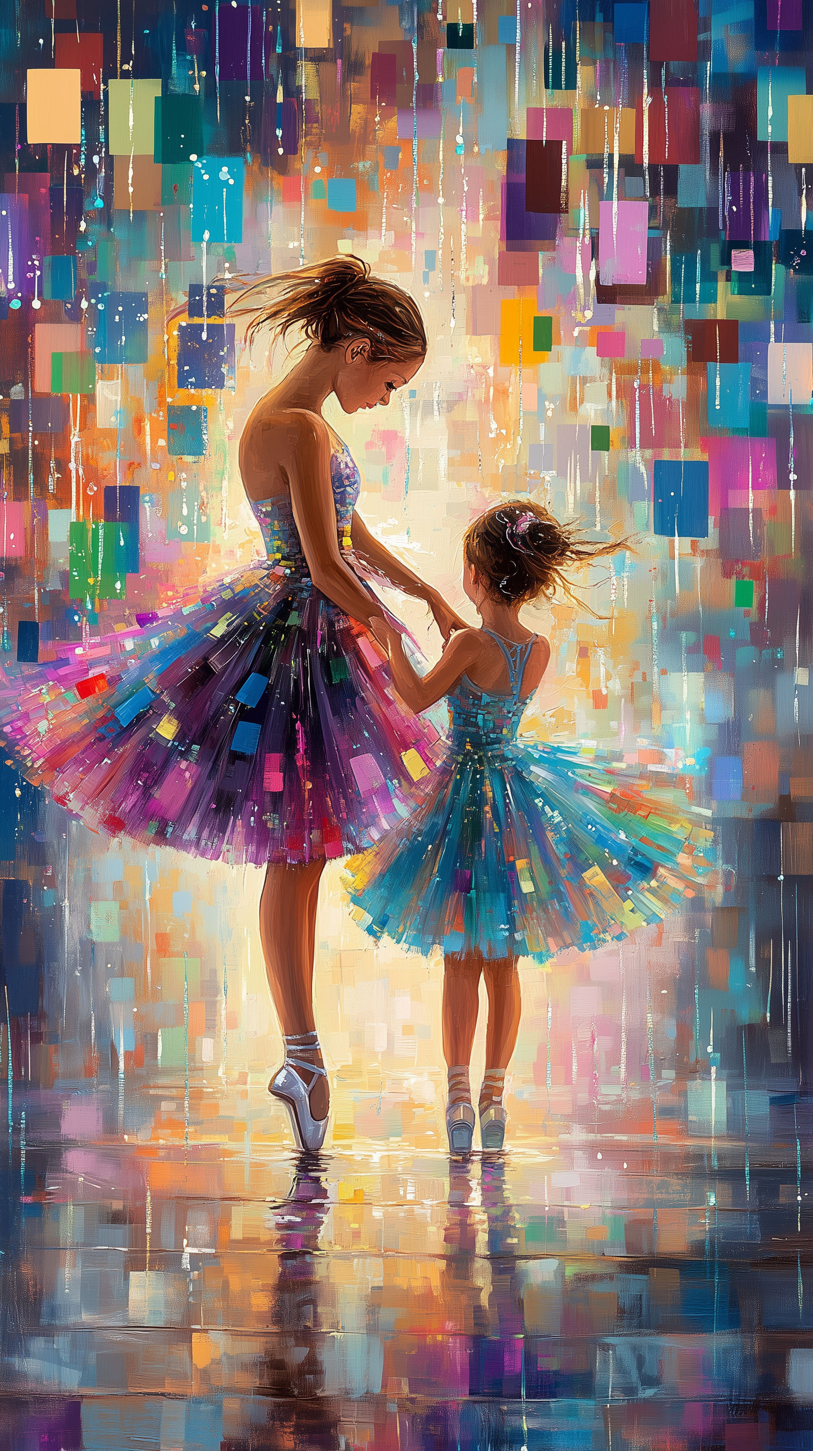 Oil painting of a young girl and her mother in colorful tulle dresses, holding hands in the rain with bright square reflections