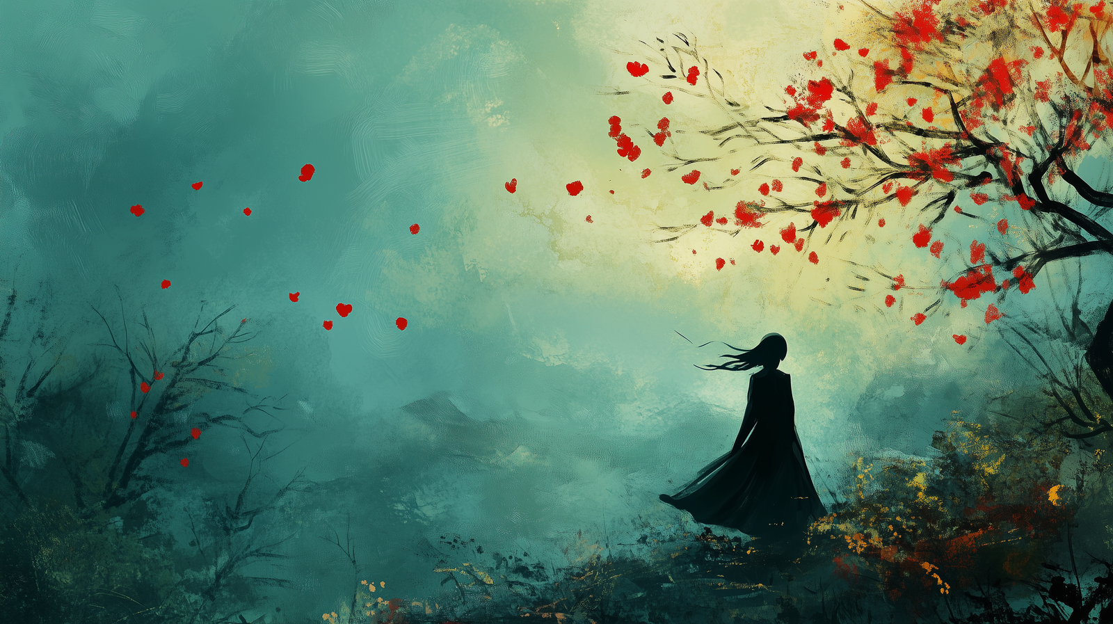 A girl in black stands under a tree, red petals floating around, gazing at an ancient Chinese landscape painting.