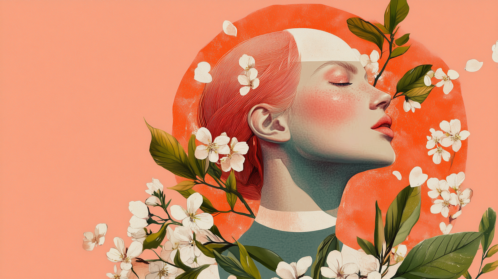 A red-haired woman surrounded by white flowers and peach blossoms gazes upward with a serene expression.