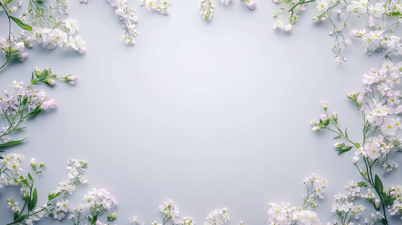 White flowers frame a border on a gray background, leaving copy space in the center.