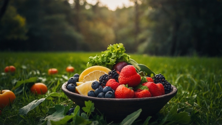 Bowl of fresh fruits and vegetables on grass with sunlight and berries like strawberries, blueberries, oranges, and lemons.