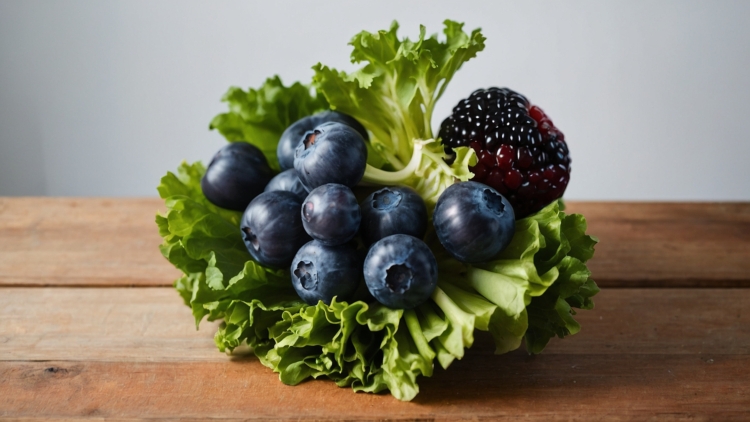Bouquet of lettuce and blueberries arranged on wooden table with white background, showcasing fresh and vibrant colors.