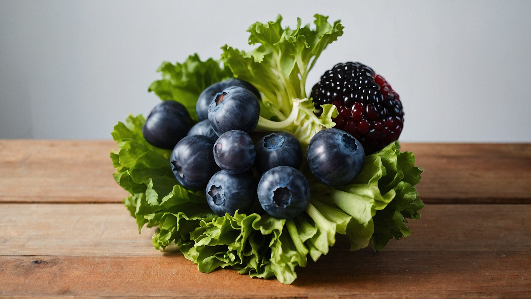 Bouquet of lettuce and blueberries arranged on wooden table with white background, showcasing fresh and vibrant colors.