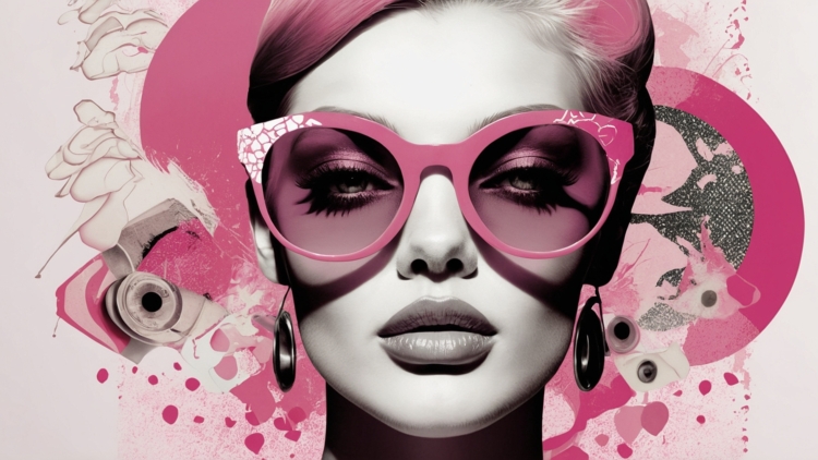 Fashion illustration of a woman in pink sunglasses with floral collage background and pink-toned shadows.