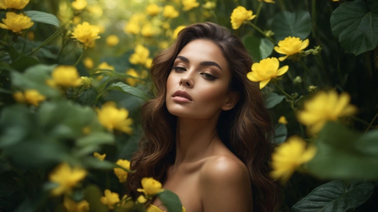Woman with brown hair posing among yellow flowers in a lush garden, captured in high-resolution with soft shadows.