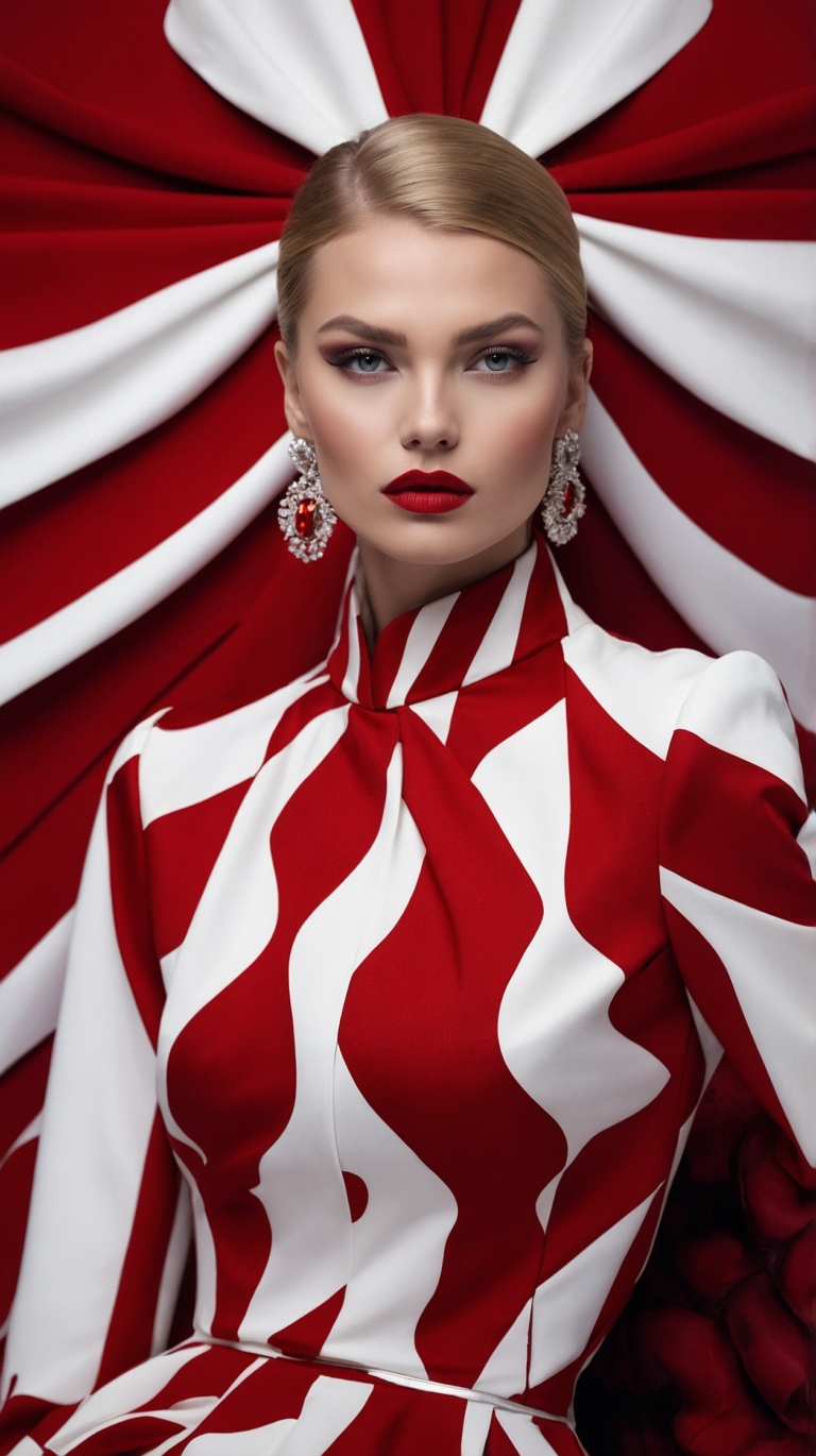 Elegant woman in red and white dress with large earrings against a striped ribbon backdrop, focusing on her face.