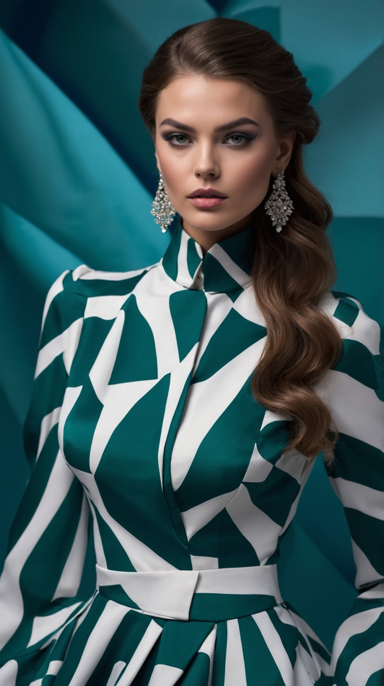 Elegant woman in emerald and white striped dress with silver earrings, posing against blue-green geometric patterns.