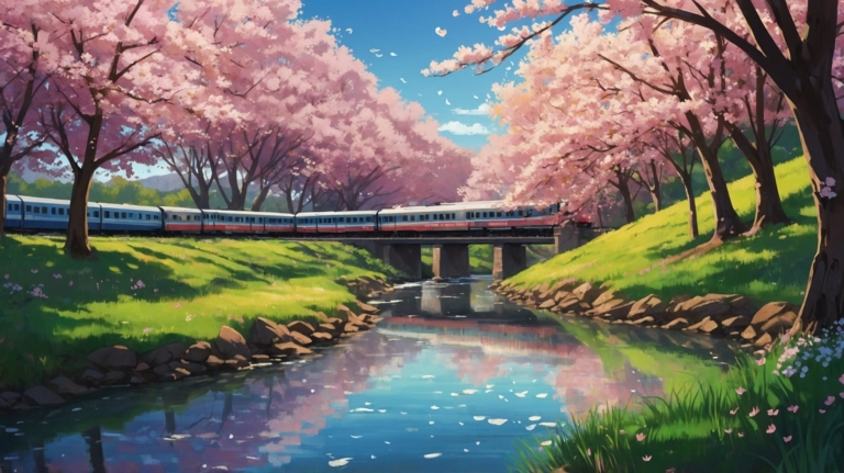 Spring landscape with cherry blossoms, grassy hills, river, and train on a bridge under a clear blue sky.