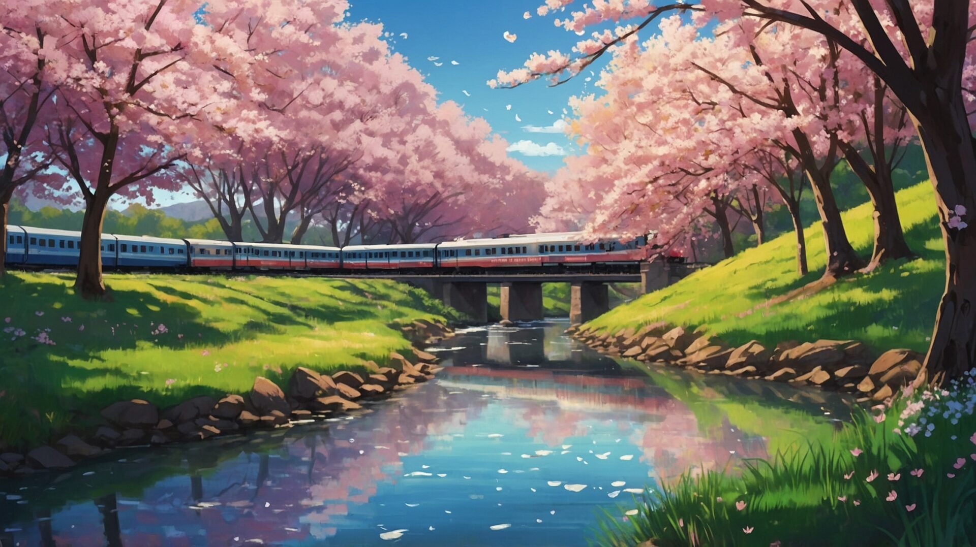 Spring landscape with cherry blossoms, grassy hills, river, and train on a bridge under a clear blue sky.