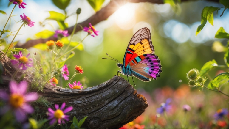 Butterfly on tree trunk with wildflowers and greenery under warm sunlight.