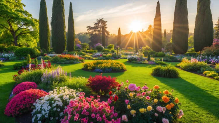 Colorful flower garden with trees and cypress at sunset in a luxurious park landscape.