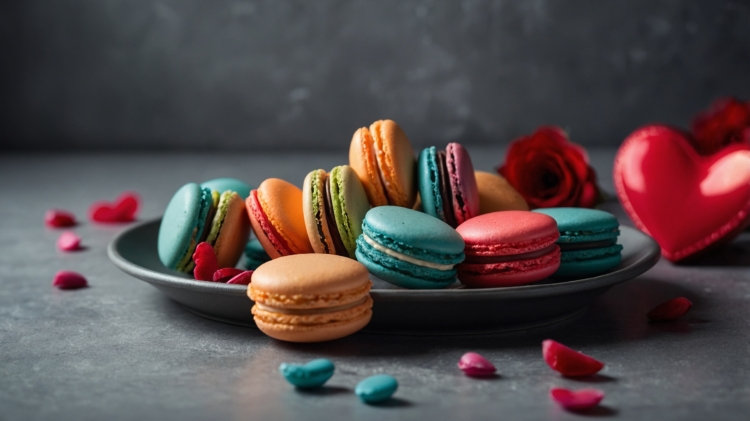 Colorful macarons with rose and heart decorations on a plate, bright and detailed, perfect for commercial advertising.