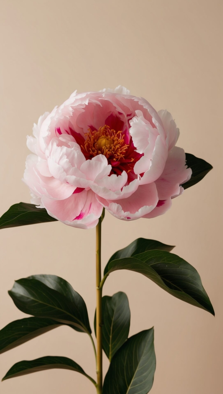 Pink peony with leaves on beige background, minimal style, soft lighting, and detailed petals in professional product photo.