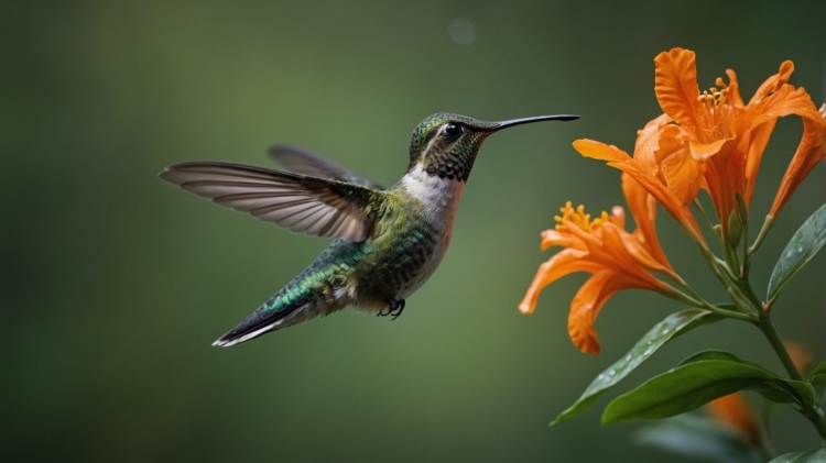 Hummingbird hovering near orange flower with green background, vibrant close-up nature photo using natural light.