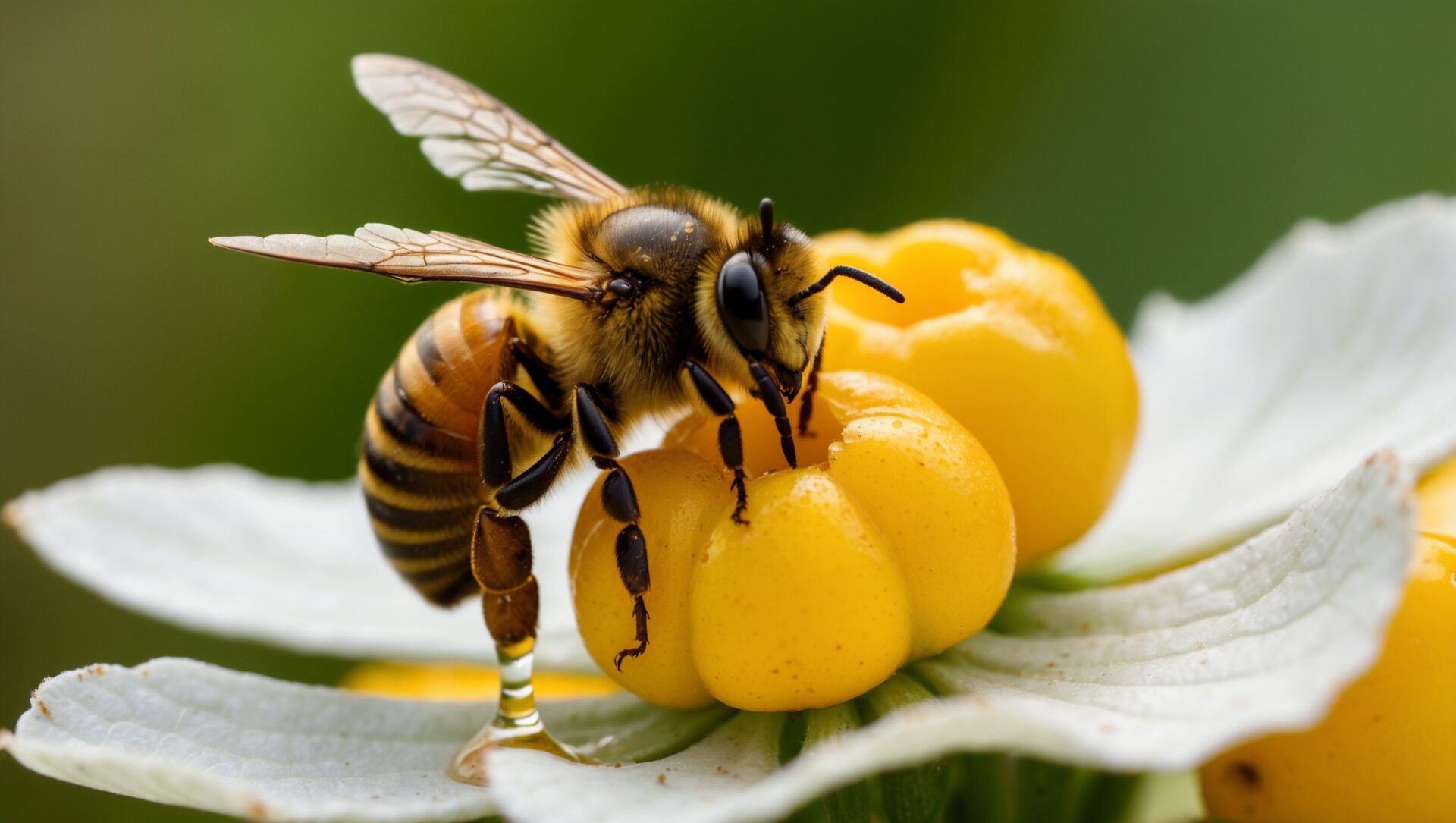 Close-up of honey bee on yellow berries with white flower petals, macro photography.