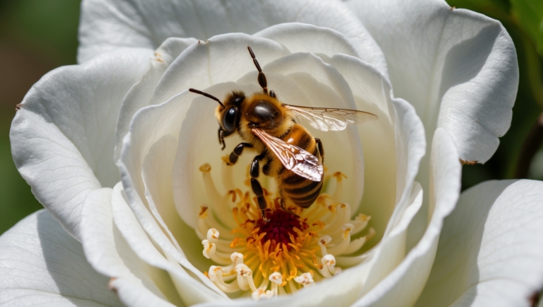 Macro photo of a honey bee on the center petal of a white rose, showcasing fine detail and soft lighting.