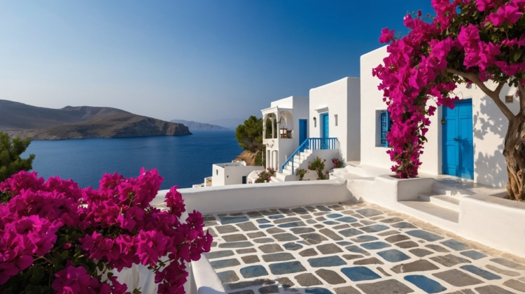 White Greek houses with blue accents, bougainvillea trees, and sea view under a clear sky.