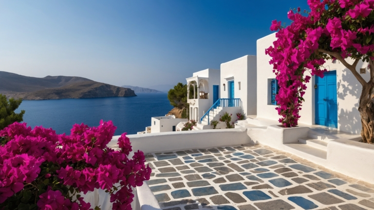 White Greek houses with blue accents, bougainvillea trees, and sea view under a clear sky.