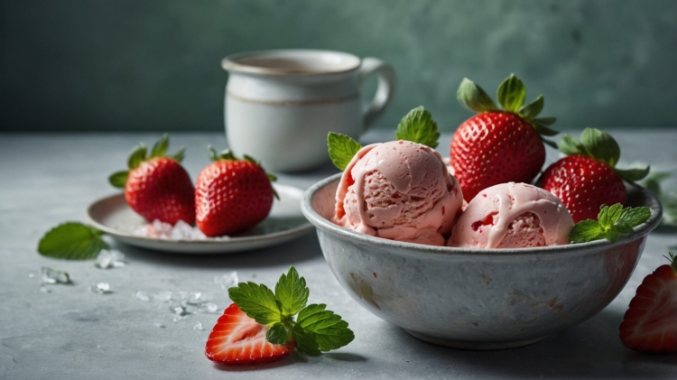 Strawberry ice cream in bowl with mint and strawberries, next to coffee cup on grey background.
