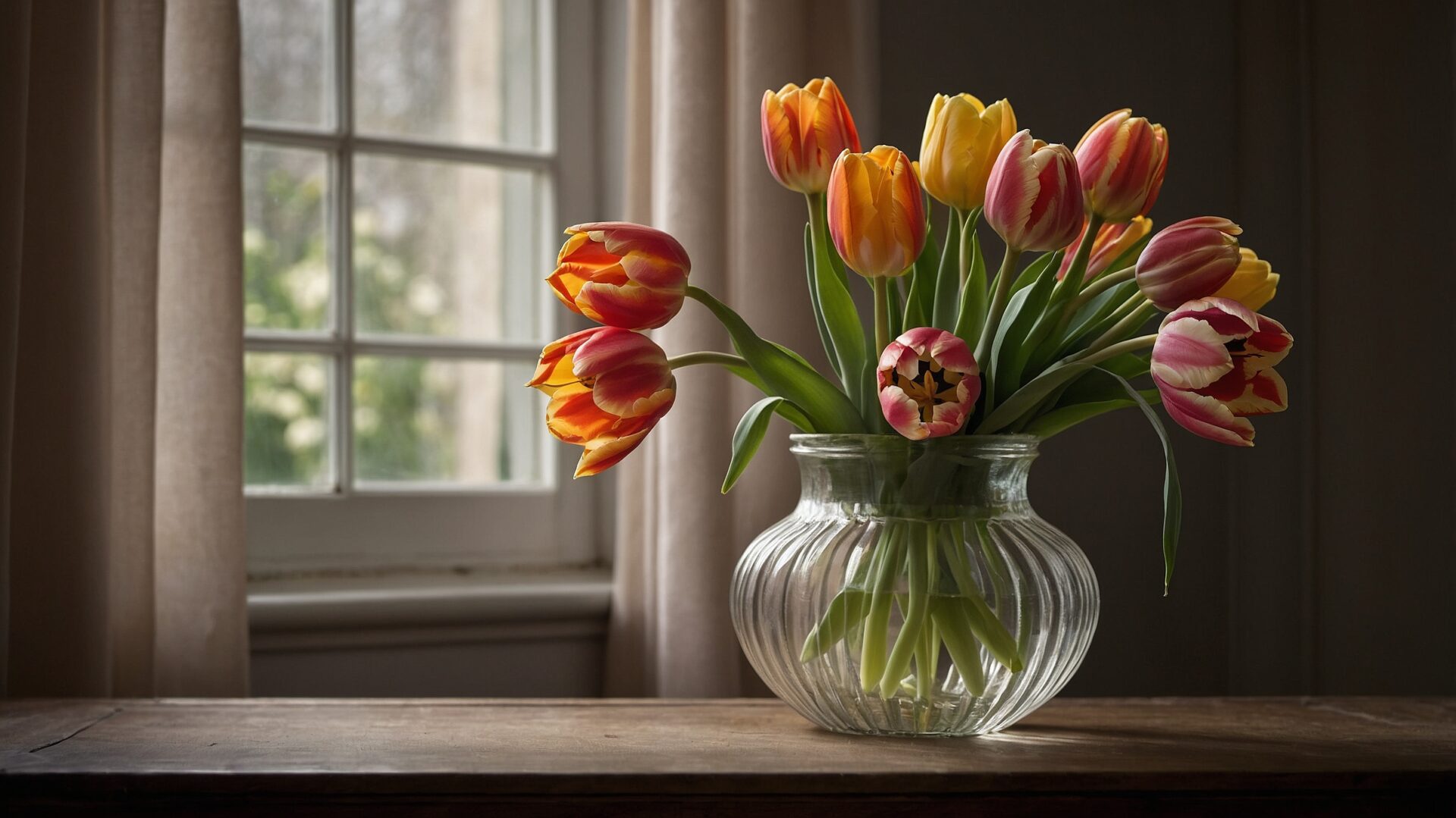 Tulips in a glass vase on windowsill with sunlight and soft shadows in a calm room.
