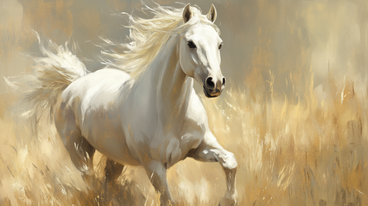 Digital painting of a white horse running in a warm-toned field.