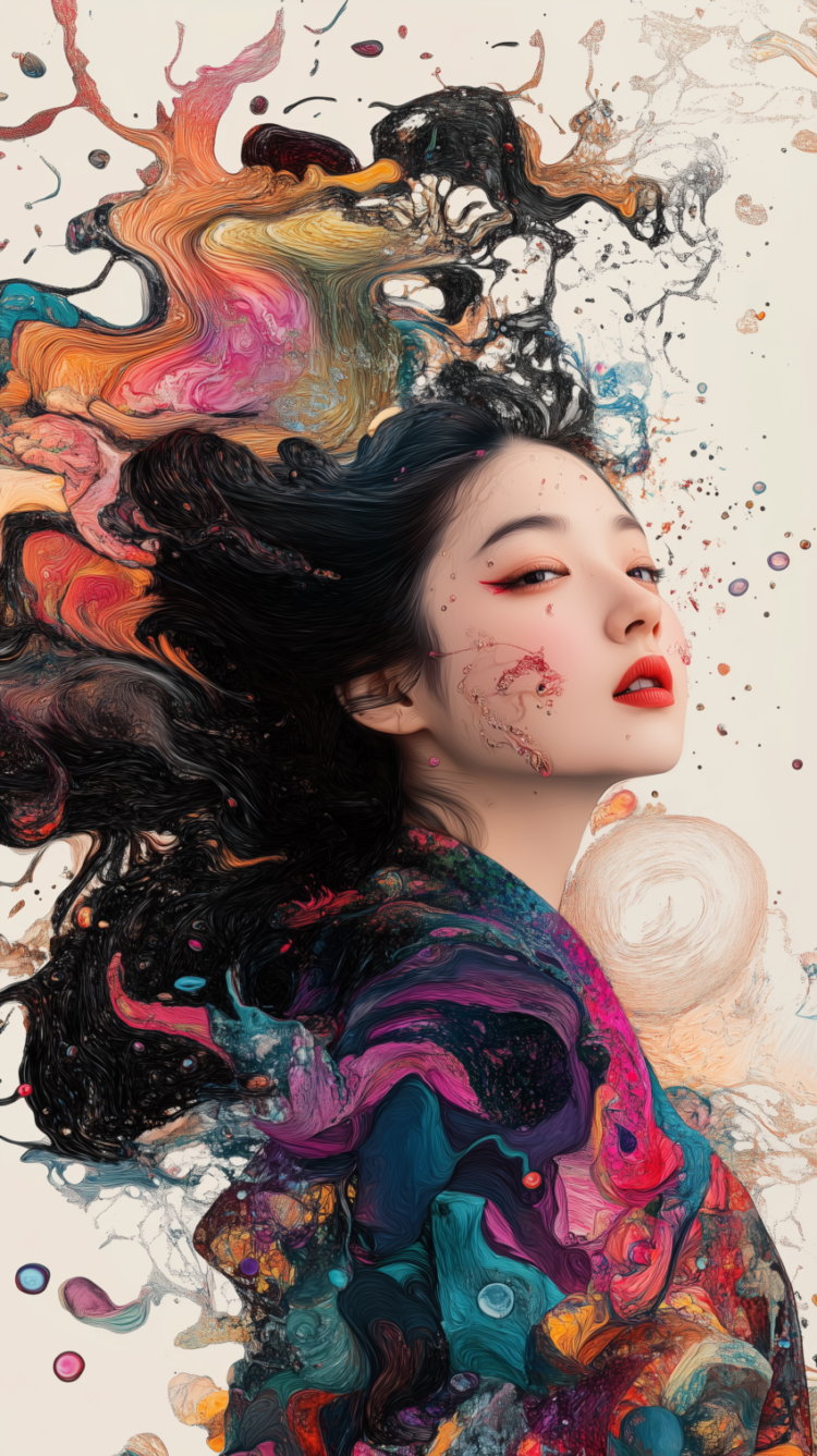 3D illustration of a Japanese woman with long hair and colorful paint splash background.