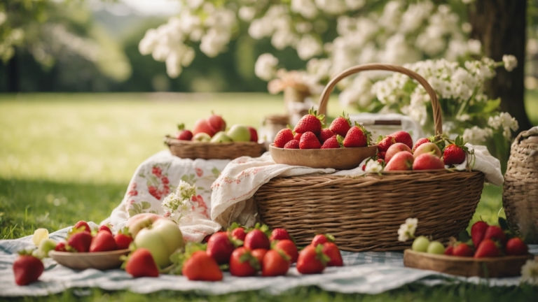 Picnic with strawberries, apples, and fruits in baskets on a blanket, under blooming trees with soft natural light.