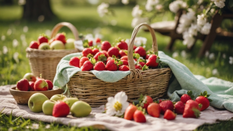 A picnic blanket with strawberries and apples, surrounded by fruit baskets, under natural sunlight on green grass.