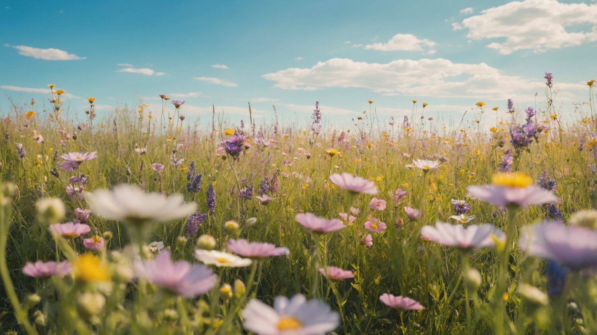 Lush green field full of wildflowers under a pastel sky with soft clouds and warm sunlight.