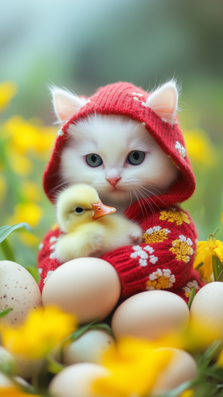 White kitten in red sweater holding duckling, sitting on eggs with flowers, in an Easter-themed scene.