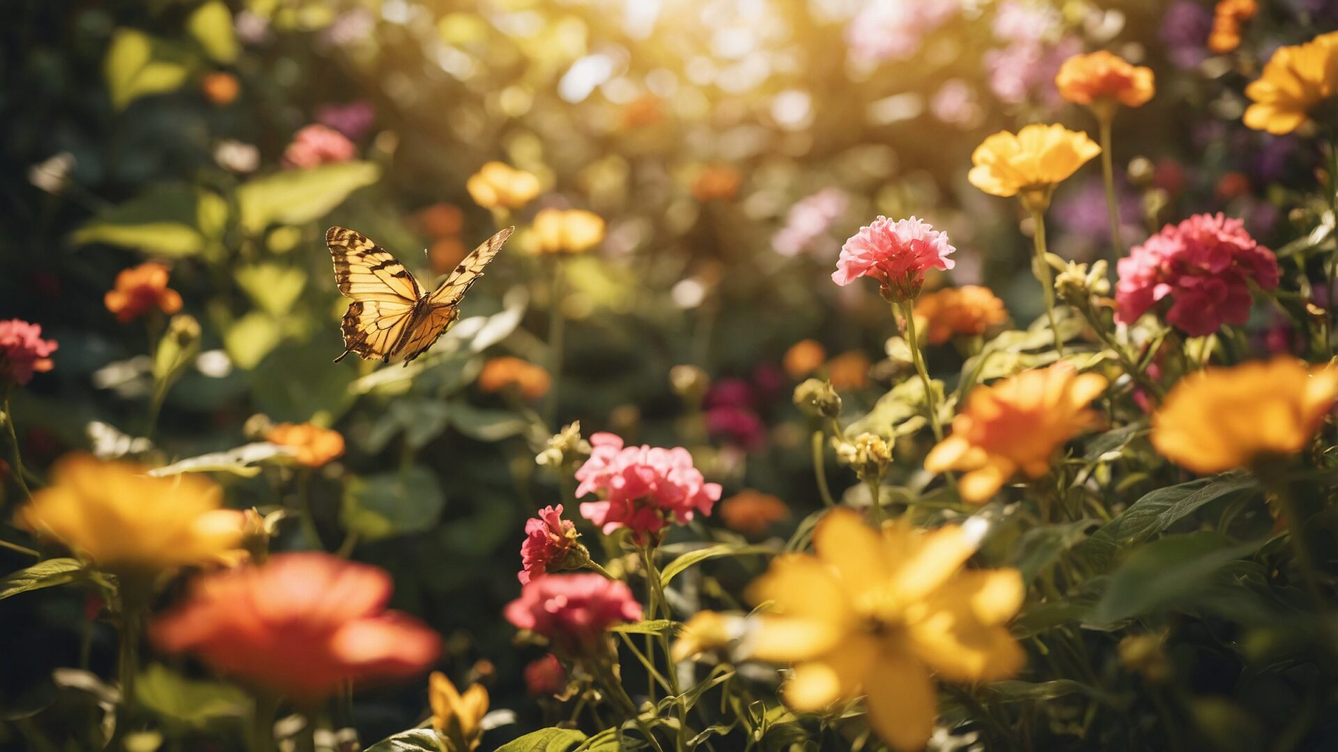 A vibrant garden with colorful flowers and butterflies dancing under warm sunlight.