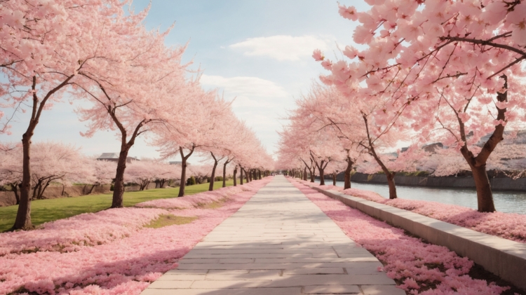 A cherry blossom-lined path with pink petals on the ground, water on one side, and a sky with white clouds.