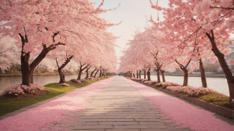 A path lined with cherry blossoms, petals carpeting the ground, leading to a river or lake under a clear sky.