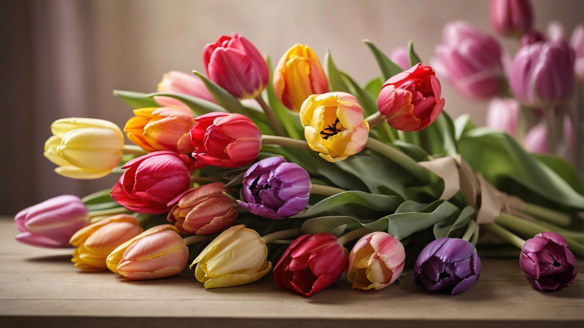 A vibrant bouquet of tulips arranged on a table, celebrating Women's Day with bright colors and elegance.