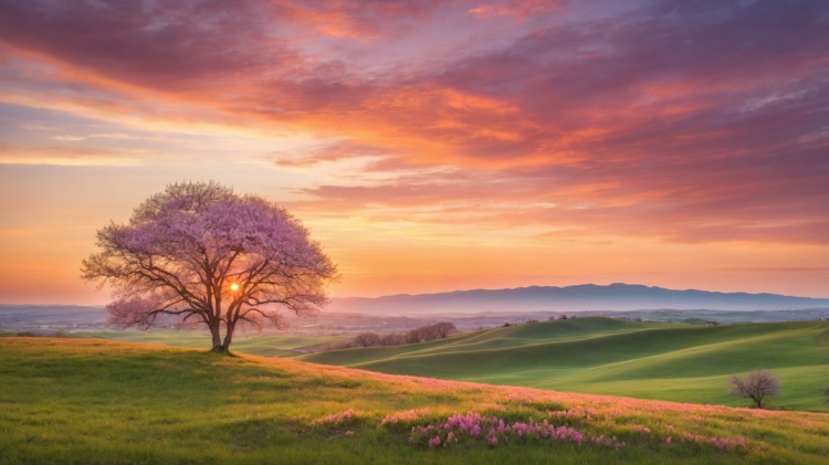 A single blooming tree on green hills at sunset, with purple clouds and a pink sky, creating a serene scene.