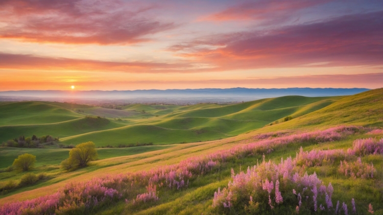 Sunrise over green hills with purple flowers in bloom, capturing nature’s beauty in vibrant colors.