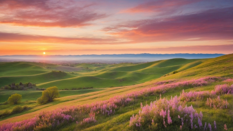 Sunrise over green hills with purple flowers in bloom, capturing nature’s beauty in vibrant colors.