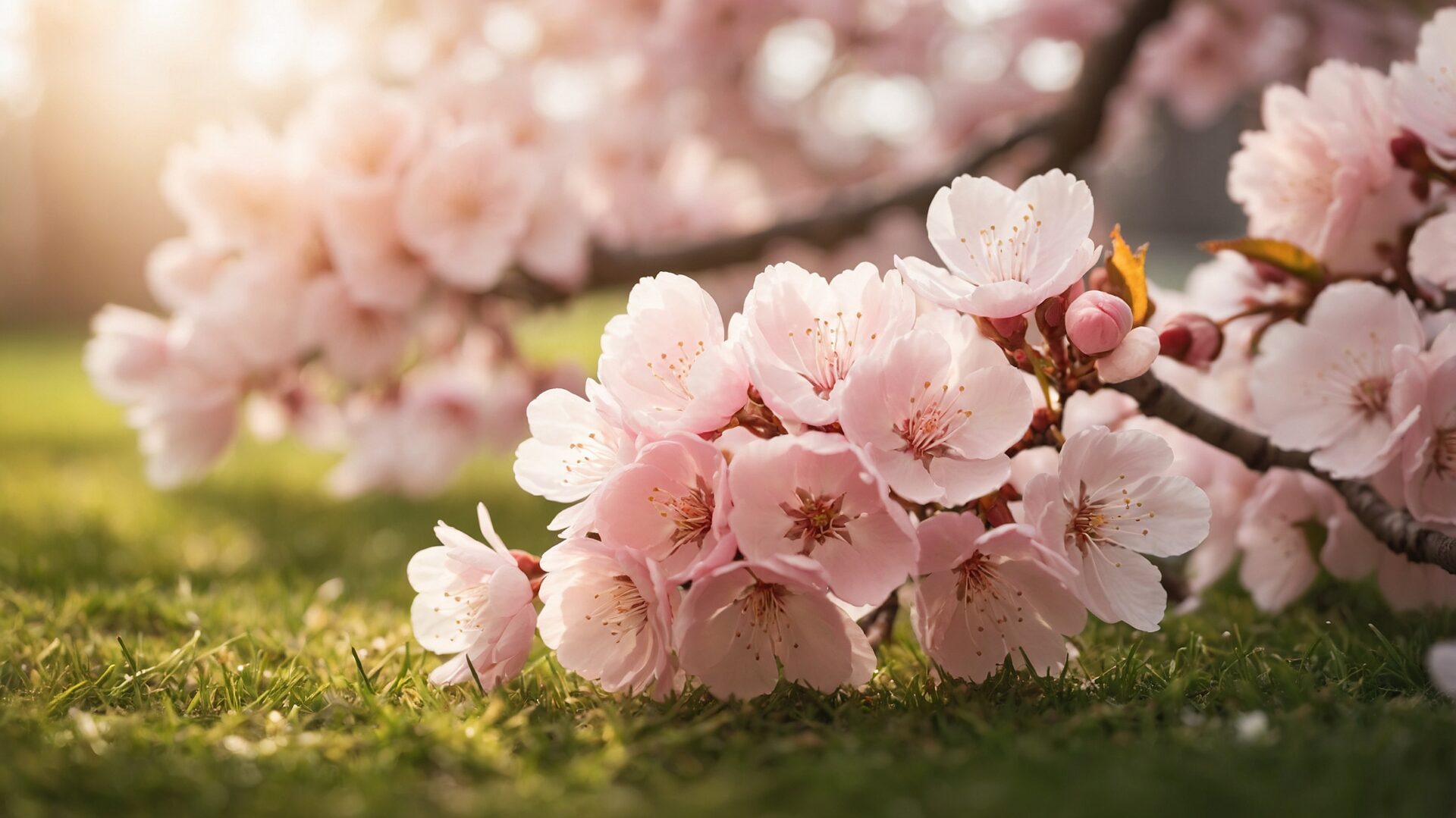 Close-up of pink cherry blossoms on grass, with sunlight filtering through them, creating a dreamy effect.