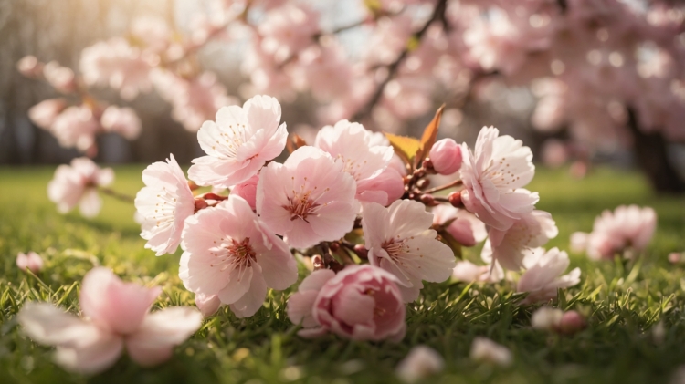 Close-up of pink cherry blossoms with sunlight on green grass and blurred blooming trees in the background.