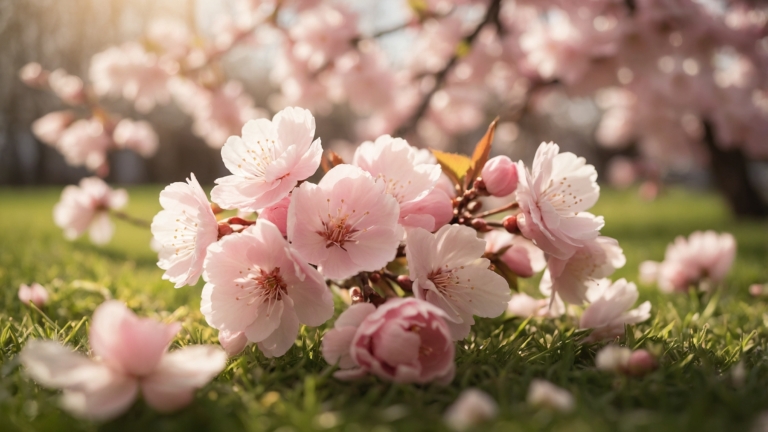 Close-up of pink cherry blossoms with sunlight on green grass and blurred blooming trees in the background.