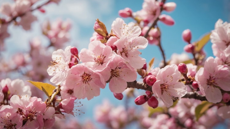 Close-up of pink cherry blossoms and apple tree flowers blooming against a blue sky.