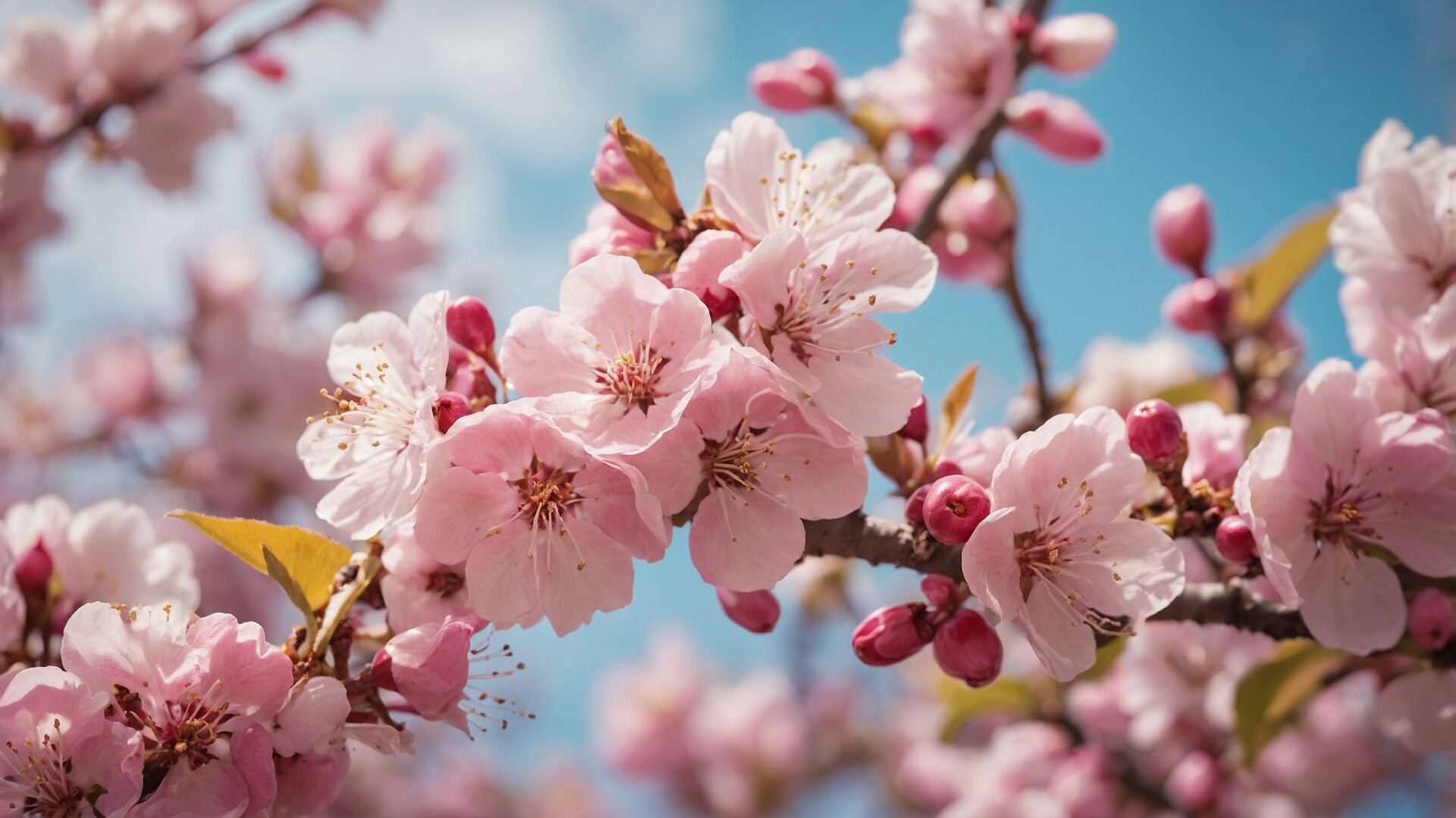 Close-up of pink cherry blossoms and apple tree flowers blooming against a blue sky.