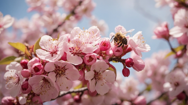 free ai bee pollinating pink cherry blossoms spring nature image