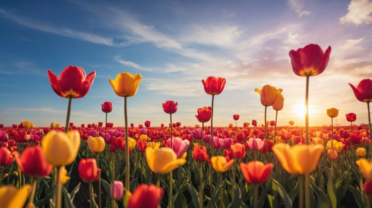 Tulip field in full bloom at sunrise, with colorful petals swaying under a blue sky and white clouds.