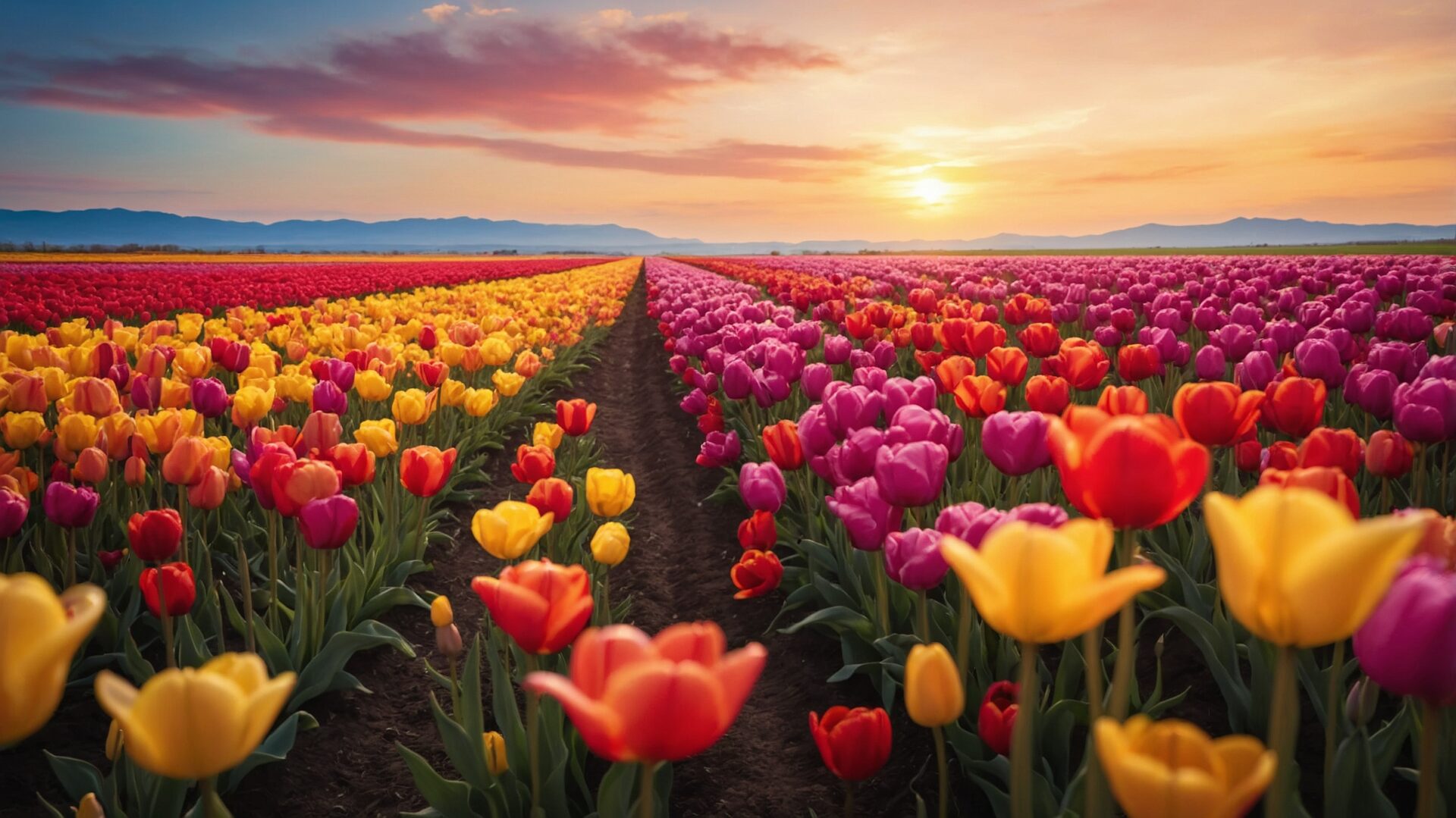 Colorful tulip field at sunrise with pink-orange sky and glistening petals creating a magical landscape.