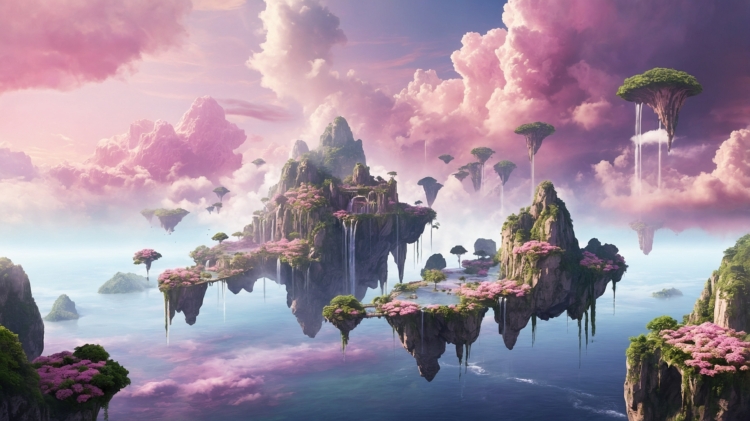 Fantasy floating islands with flowers, greenery, pink clouds, and blue skies, captured from an aerial perspective.