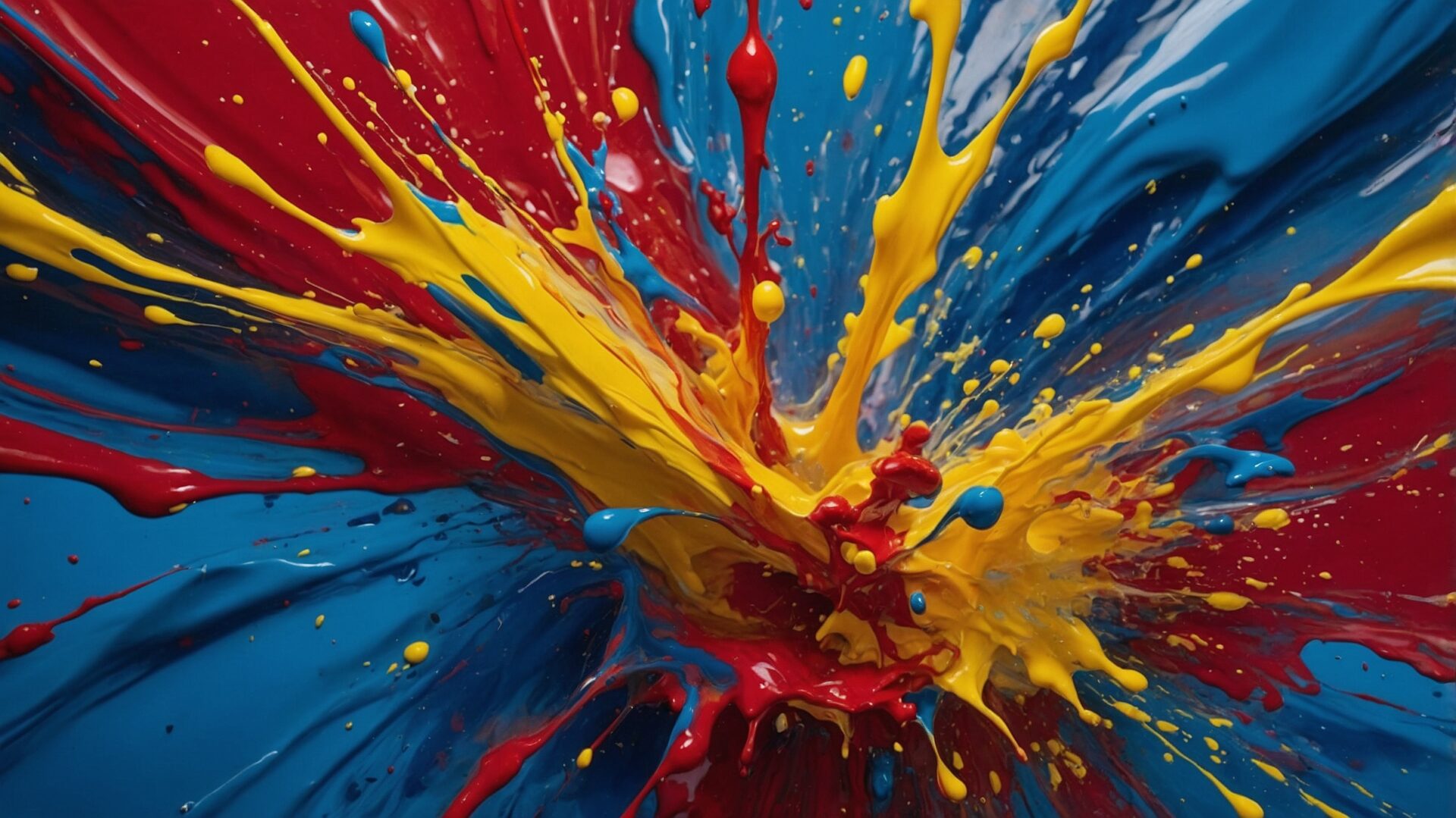 Splashes of red, blue, and yellow paint form a vivid abstract background with dynamic movement.