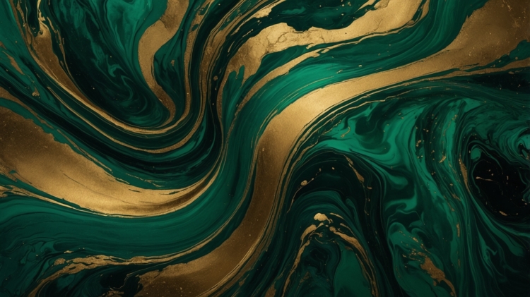 Luxurious emerald green and gold abstract swirls with a fluid, textured design.
