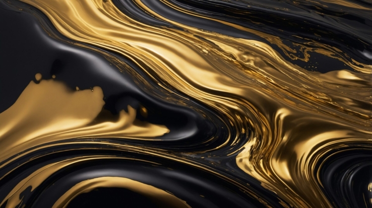 Black and gold liquid flowing in an abstract style, forming a sleek and elegant wallpaper background.